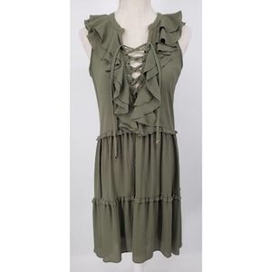 3/$25 Cupio High Low Dress S Ruffle Trim Lace Up V Neck A Line Green NWT